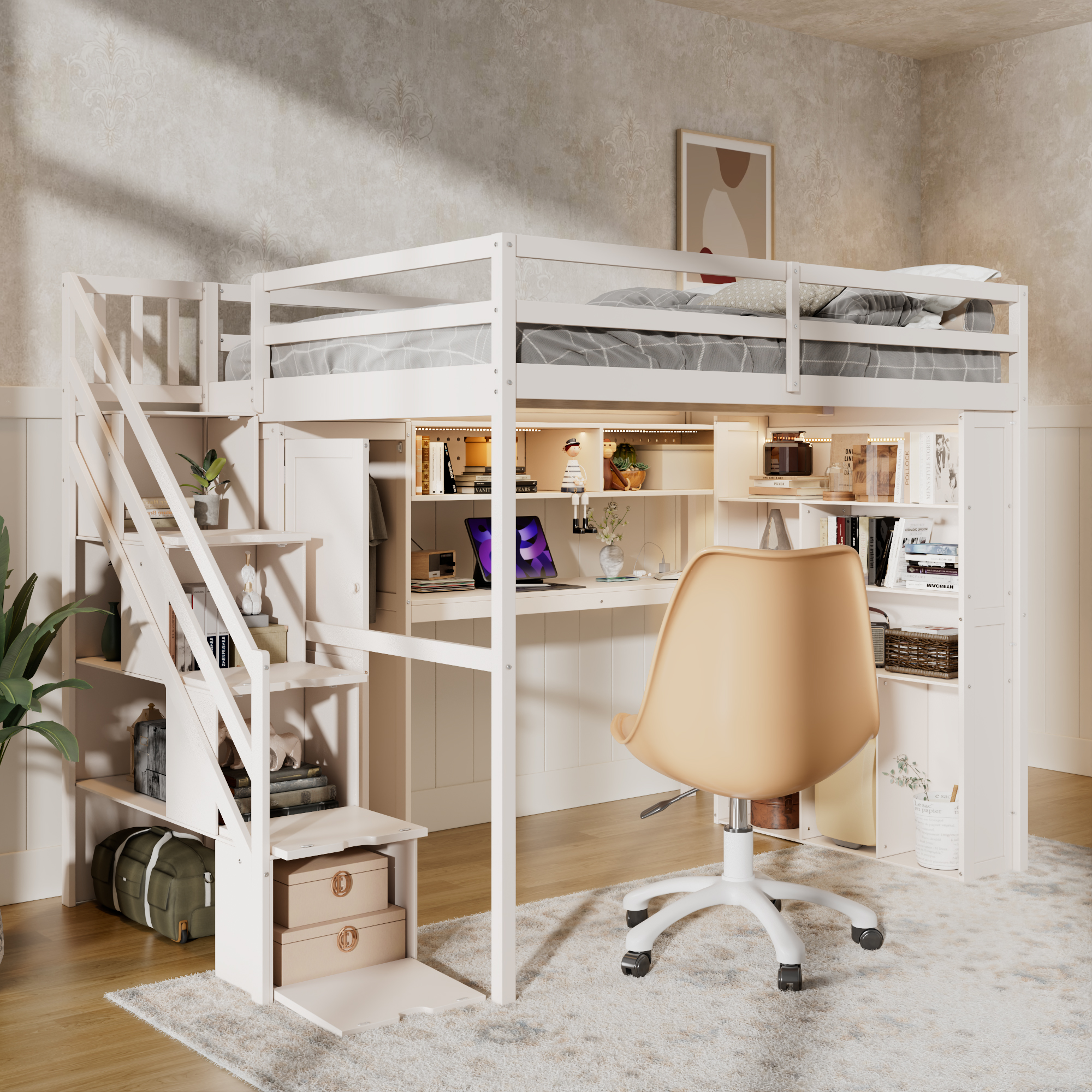 Full Loft Bed Frame with Built-In Wardrobe, Study Desk, Storage Shelves & Lights 4 Full Loft Bed Frame with Built-In Wardrobe, Study Desk, Storage Shelves & Lights