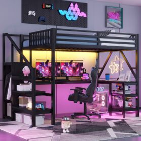 Metal Full Loft Bed With Wardrobe, LED Light, L Shaped Desk And USB