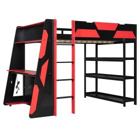 Full Size Gaming Loft Bed with Desk, Shelves & LED Lights