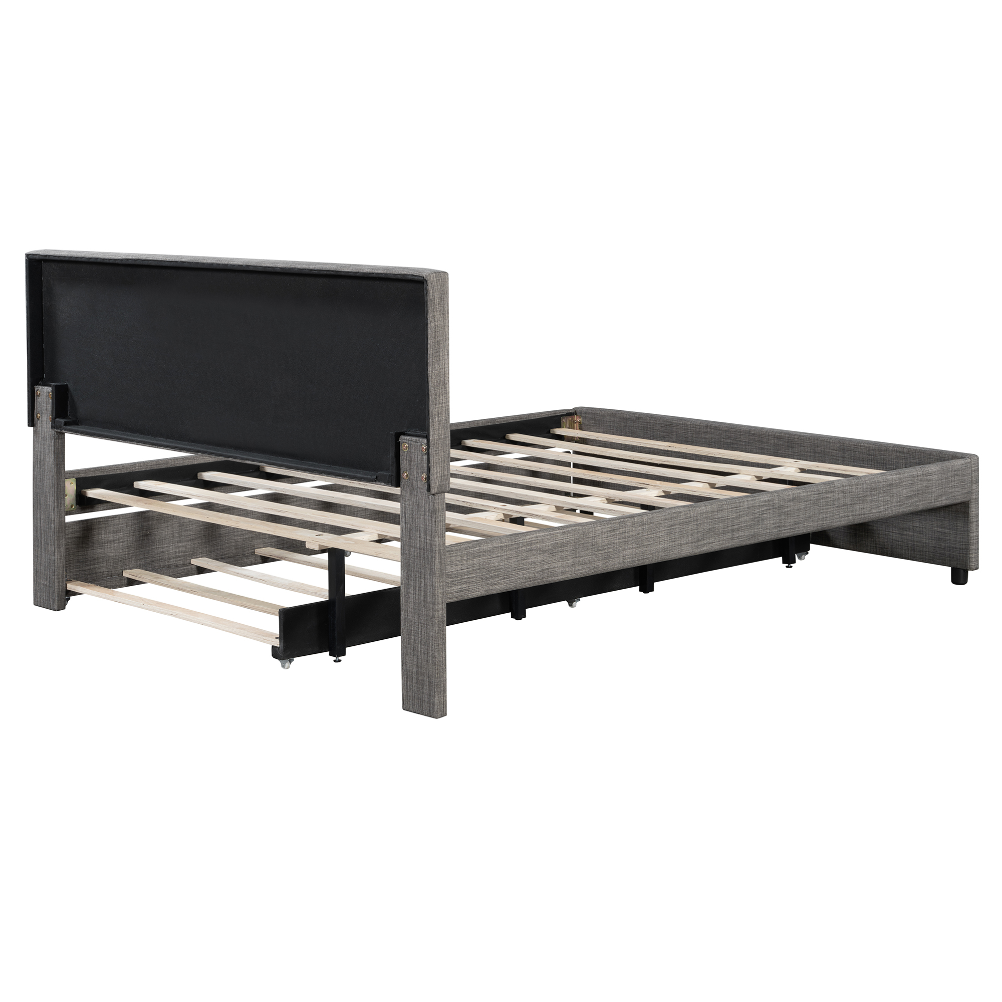 Queen Size Upholstered Platform Bed with Brick Pattern Headboard and Twin XL Size Trundle 10 Queen Size Upholstered Platform Bed with Brick Pattern Headboard and Twin XL Size Trundle