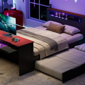 Full Size Wood Daybed with Twin Size Trundle, Desk, LED light and USB