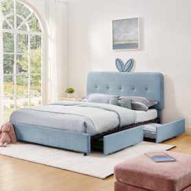 Queen Size Kids Upholstered Bed With Oversized Rabbit Ear Headboard, Music Sync, LED Light & 4 Storage Drawers