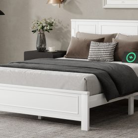Queen Size Bed with Tall-Panel Headboard & Footboard, Built-in LED Lights, USB Charging Station