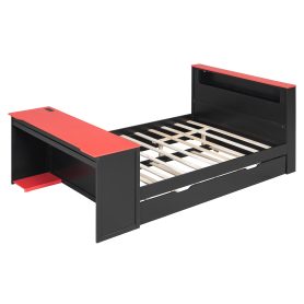 Full Size Wood Daybed with Twin Size Trundle, Desk, LED light and USB