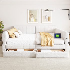 Queen Size Upholstered Platform Bed with USB and 2 Drawers