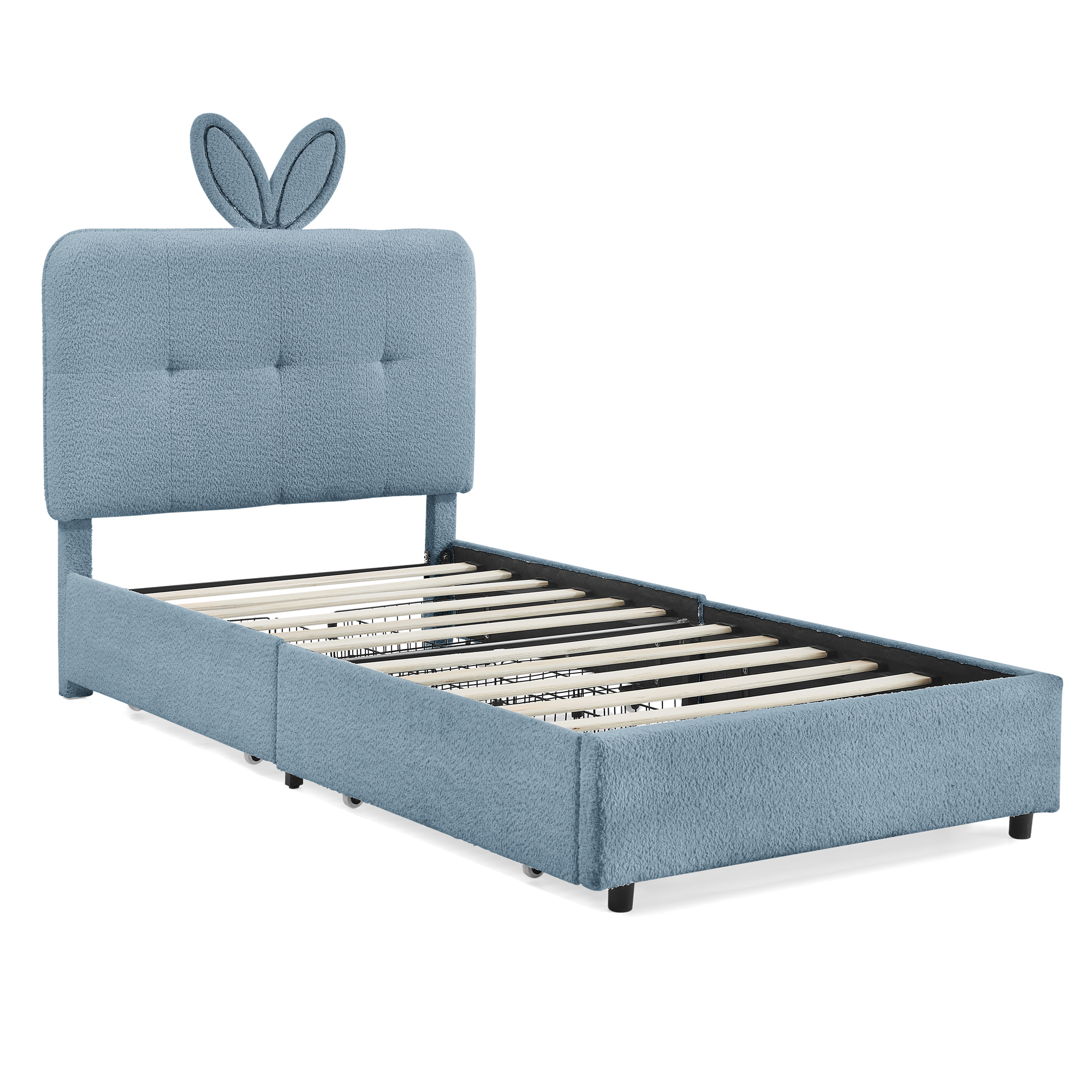 Twin Size Kids Upholstered Bed With Oversized Rabbit Ear Headboard, Music Sync, LED Light & 4 Storage Drawers 18 Twin Size Kids Upholstered Bed With Oversized Rabbit Ear Headboard, Music Sync, LED Light & 4 Storage Drawers