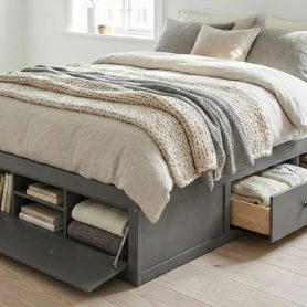 Queen Size Platform Bed Frame with 4 Storage Drawers and Hydraulic Lift Footboard Storage
