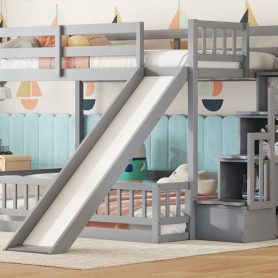 Twin Over Full Bunk Bed with Slide, Storage Staircase and Guardrails 55 Twin Over Full Bunk Bed with Slide, Storage Staircase and Guardrails