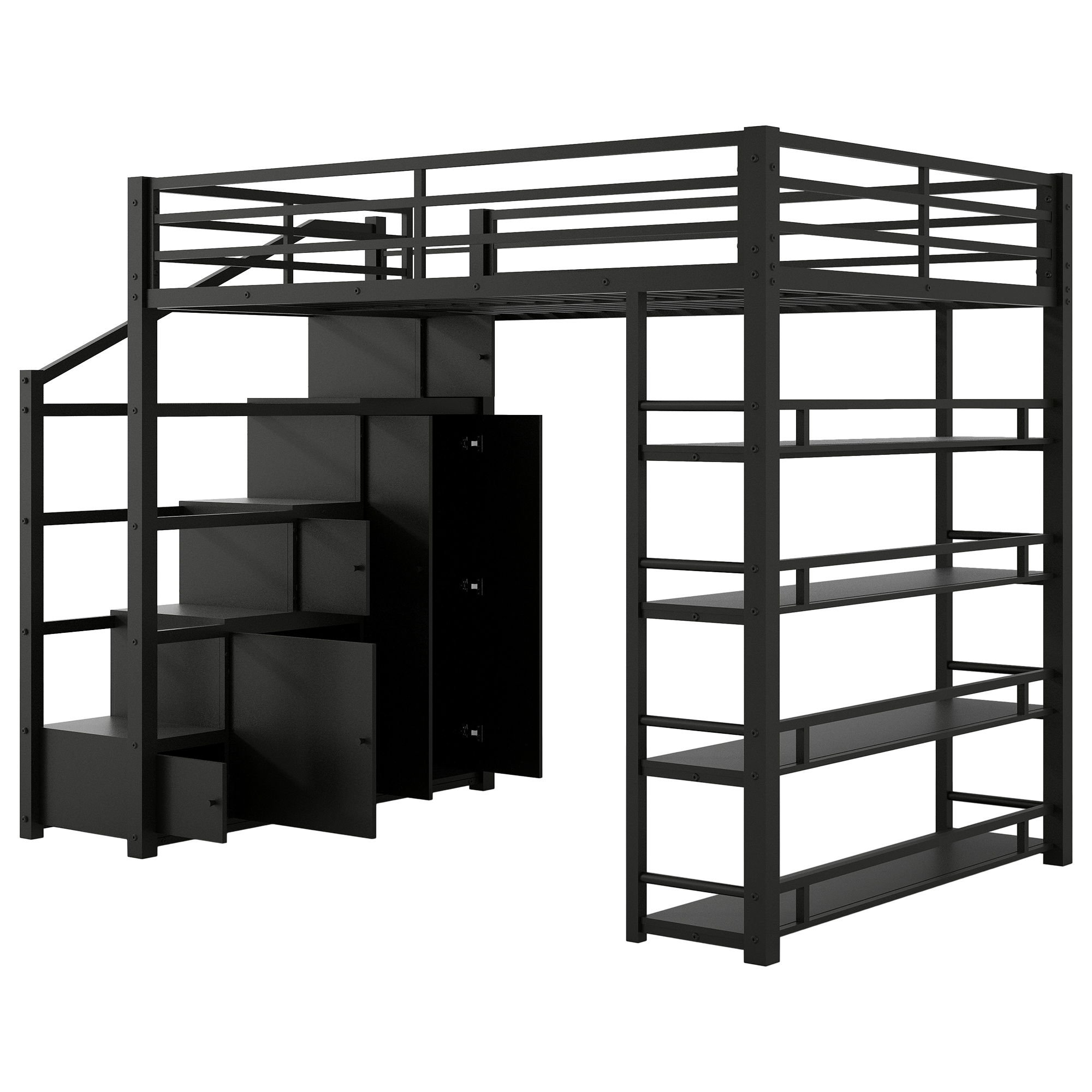Queen Size Metal Loft Bed with Storage Shelves, Cabinets and Wardrobe 12 Queen Size Metal Loft Bed with Storage Shelves, Cabinets and Wardrobe