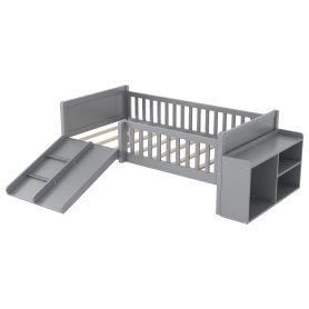 Twin Size Low Loft Bed with Slide, Movable Bookshelf Storage, Guardrails 32 Twin Size Low Loft Bed with Slide, Movable Bookshelf Storage, Guardrails