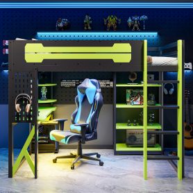 Full Size Wood Loft Bed with Desk, Shelves, Power Outlet & USB/Type-C Ports and RGB Light