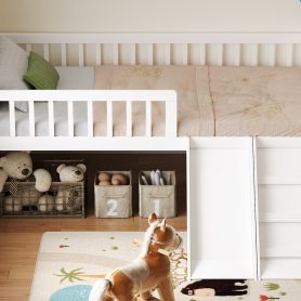 Wooden Twin Bed Frame With Storage Shelf, Guardrail, Slide And Ladder