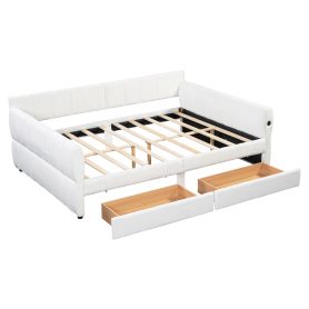 Queen Size Upholstered Platform Bed with USB and 2 Drawers