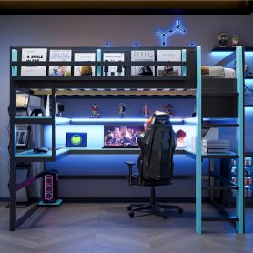 Full Size Wood Loft Bed With Desk, Side Storage Rack, Multi-storage Shelves And RGB Light