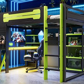 Full Size Wood Loft Bed with Desk, Shelves, Power Outlet & USB/Type-C Ports and RGB Light