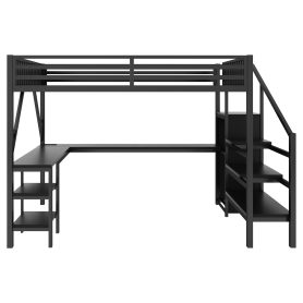 Metal Queen Size Loft Bed with L Shaped Desk and USB for Kids Teens Adults