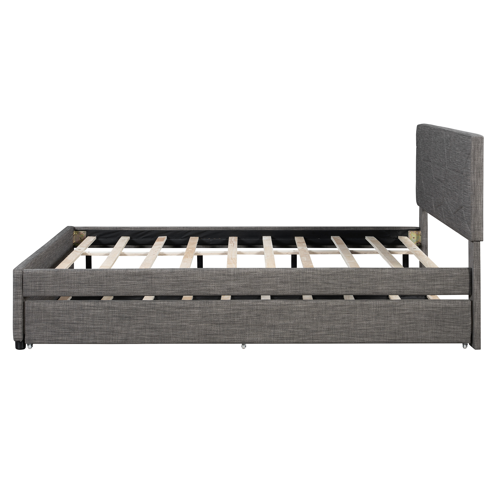 Queen Size Upholstered Platform Bed with Brick Pattern Headboard and Twin XL Size Trundle 21 Queen Size Upholstered Platform Bed with Brick Pattern Headboard and Twin XL Size Trundle