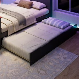 Full Size Wood Daybed with Twin Size Trundle, Desk, LED light and USB