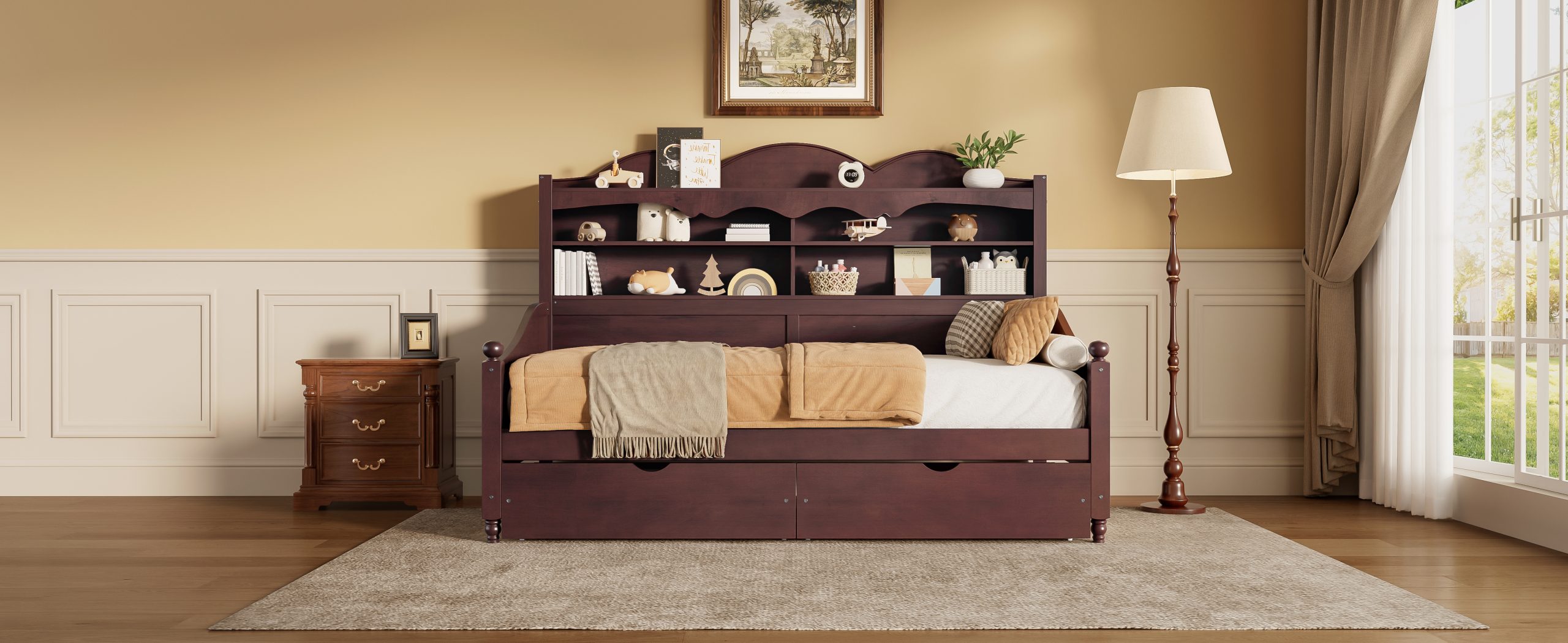 Wooden Twin Daybed With Storage Drawers and Storage Headboard Shelving 19 Wooden Twin Daybed With Storage Drawers and Storage Headboard Shelving