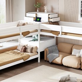 Twin Size L-shaped Bunk Bed With Built-in Desk, 4 Drawers And USB Ports & Power Outlet 45 Twin Size L-shaped Bunk Bed With Built-in Desk, 4 Drawers And USB Ports & Power Outlet