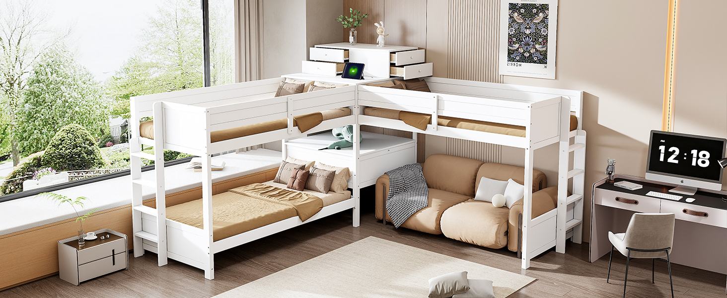 Twin Size L-shaped Bunk Bed With Built-in Desk, 4 Drawers And USB Ports & Power Outlet 24 Twin Size L-shaped Bunk Bed With Built-in Desk, 4 Drawers And USB Ports & Power Outlet