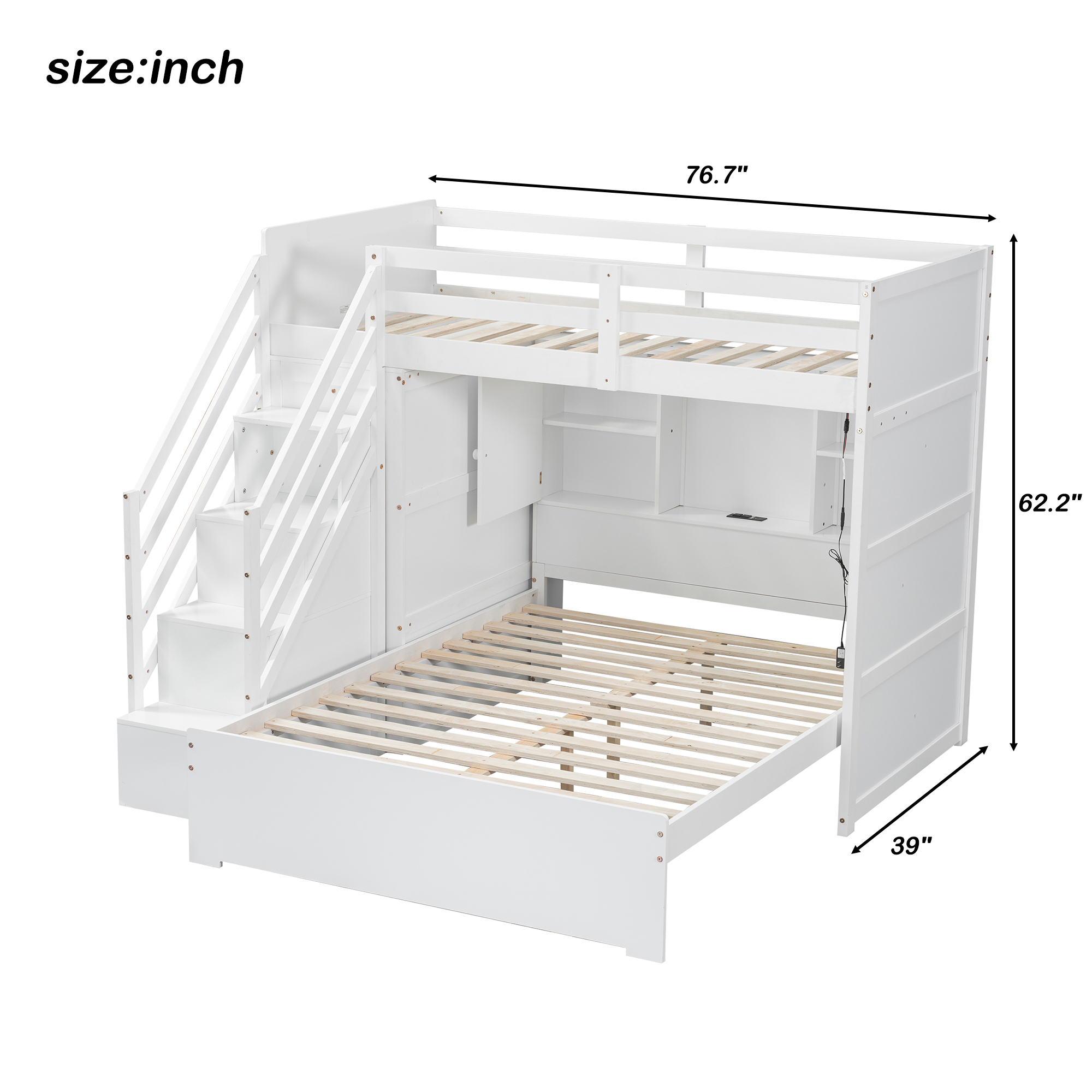 Twin Over Full Bunk Bed With Storage Stairs, Wardrobe, USB And Light 12 Twin Over Full Bunk Bed With Storage Stairs, Wardrobe, USB And Light