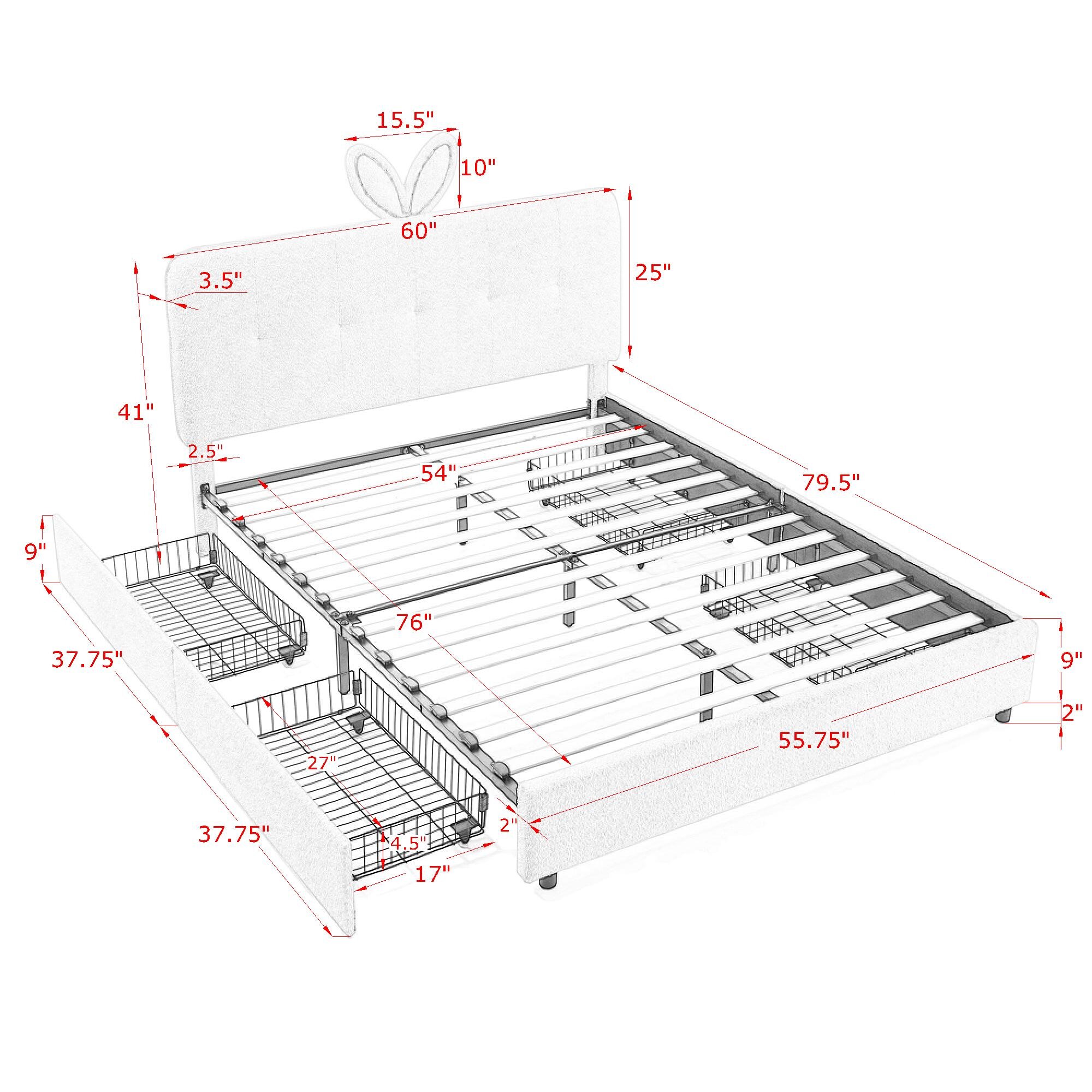 Full Size Kids Upholstered Bed With Oversized Rabbit Ear Headboard, Music Sync, LED Light & 4 Storage Drawers 19 Full Size Kids Upholstered Bed With Oversized Rabbit Ear Headboard, Music Sync, LED Light & 4 Storage Drawers