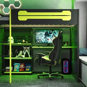 Full Size Wooden Gaming Loft Bed with Storage Shelves, Desk, USB & Power Outlet, and LED Light