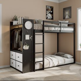 Twin Size Bunk Bed with 4 Storage Drawers, Hanging Rail, Light Strip and Built-in Shelves & Dual Pegboards