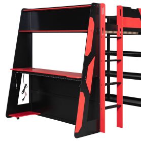 Full Size Gaming Loft Bed with Desk, Shelves & LED Lights