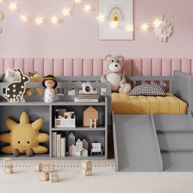 Twin Size Low Loft Bed with Slide, Movable Bookshelf Storage, Guardrails 26 Twin Size Low Loft Bed with Slide, Movable Bookshelf Storage, Guardrails