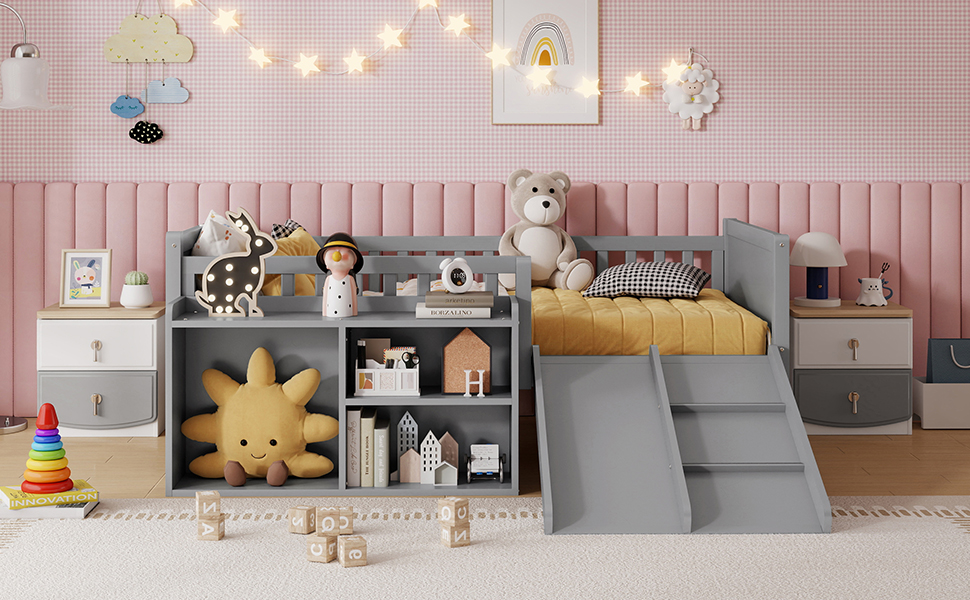 Twin Size Low Loft Bed with Slide, Movable Bookshelf Storage, Guardrails 9 Twin Size Low Loft Bed with Slide, Movable Bookshelf Storage, Guardrails