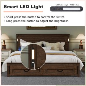 King Size Bed with Tall-Panel Headboard & Footboard, 2 Storage Drawers, Built-in LED Lights, USB Charging Station