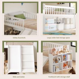 Wooden Twin Bed Frame With Storage Shelf, Guardrail, Slide And Ladder