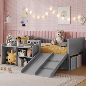 Twin Size Low Loft Bed with Slide, Movable Bookshelf Storage, Guardrails