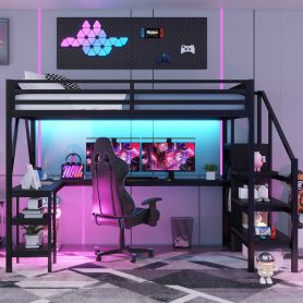 Metal Queen Size Loft Bed with L Shaped Desk and USB for Kids Teens Adults