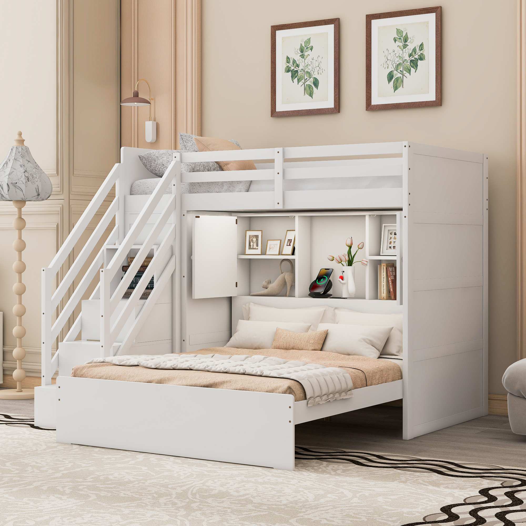 Twin Over Full Bunk Bed With Storage Stairs, Wardrobe, USB And Light 4 Twin Over Full Bunk Bed With Storage Stairs, Wardrobe, USB And Light