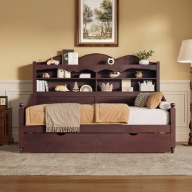 Wooden Twin Daybed With Storage Drawers and Storage Headboard Shelving