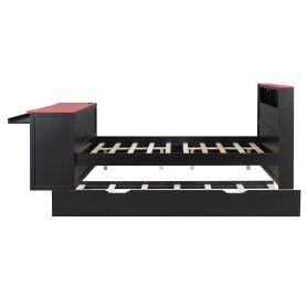 Full Size Wood Daybed with Twin Size Trundle, Desk, LED light and USB