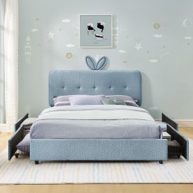 Full Size Kids Upholstered Bed With Oversized Rabbit Ear Headboard, Music Sync, LED Light & 4 Storage Drawers 24 Full Size Kids Upholstered Bed With Oversized Rabbit Ear Headboard, Music Sync, LED Light & 4 Storage Drawers