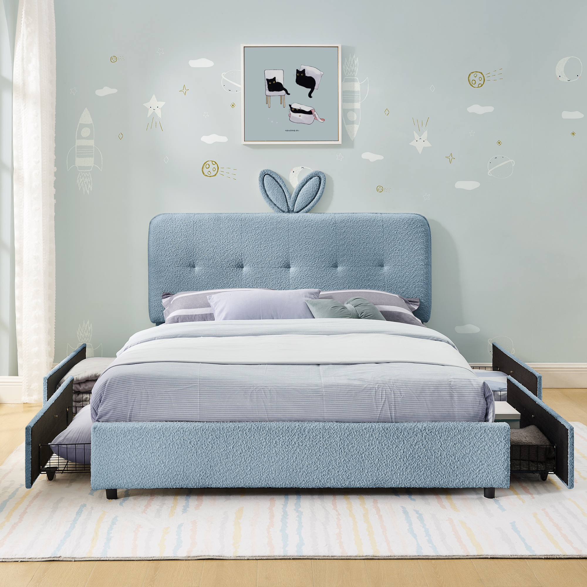 Full Size Kids Upholstered Bed With Oversized Rabbit Ear Headboard, Music Sync, LED Light & 4 Storage Drawers 8 Full Size Kids Upholstered Bed With Oversized Rabbit Ear Headboard, Music Sync, LED Light & 4 Storage Drawers