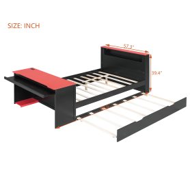 Full Size Wood Daybed with Twin Size Trundle, Desk, LED light and USB