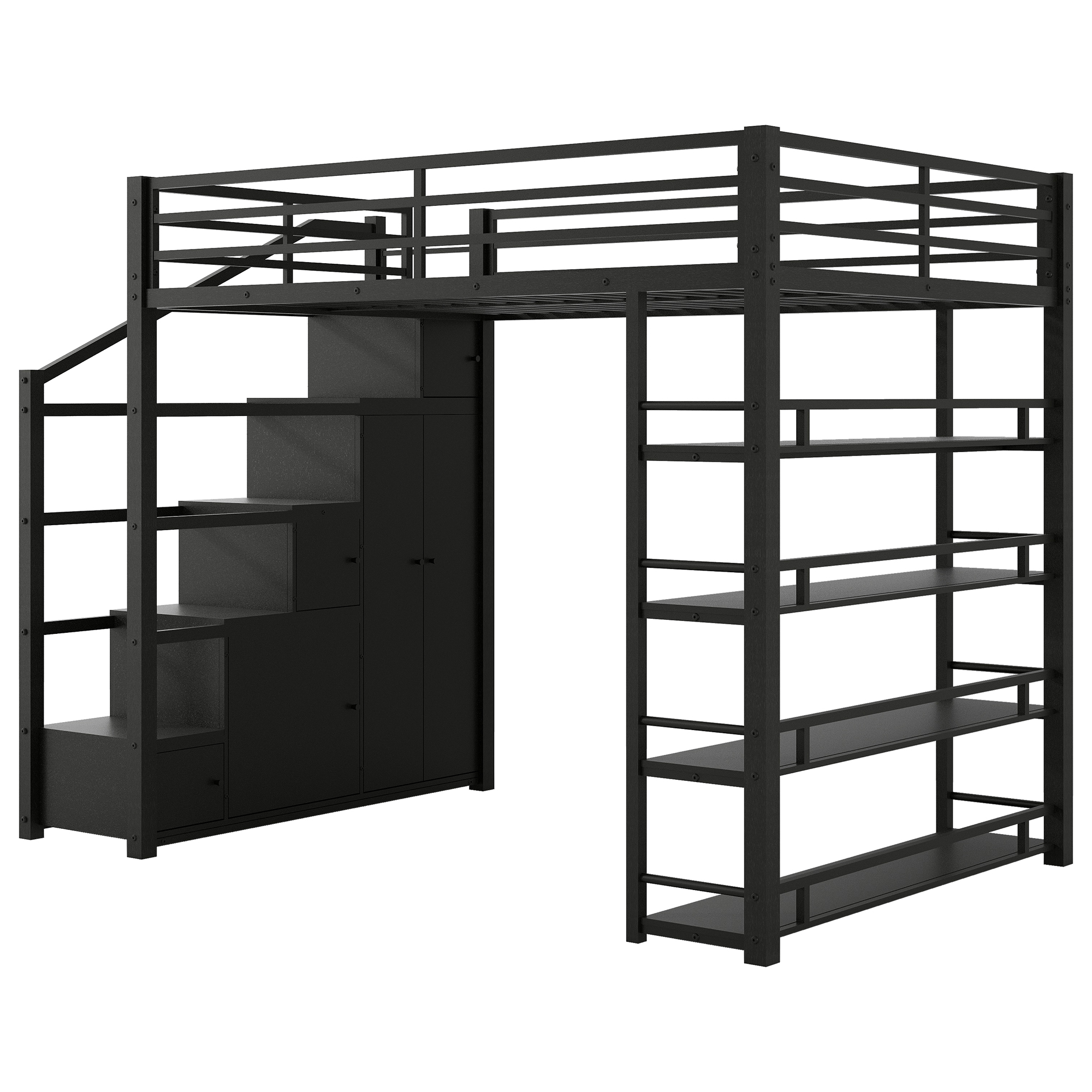 Queen Size Metal Loft Bed with Storage Shelves, Cabinets and Wardrobe 16 Queen Size Metal Loft Bed with Storage Shelves, Cabinets and Wardrobe