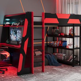 Full Size Gaming Loft Bed with Desk, Shelves & LED Lights