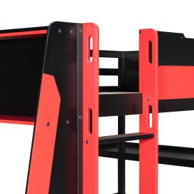 Full Size Gaming Loft Bed with Desk, Shelves & LED Lights