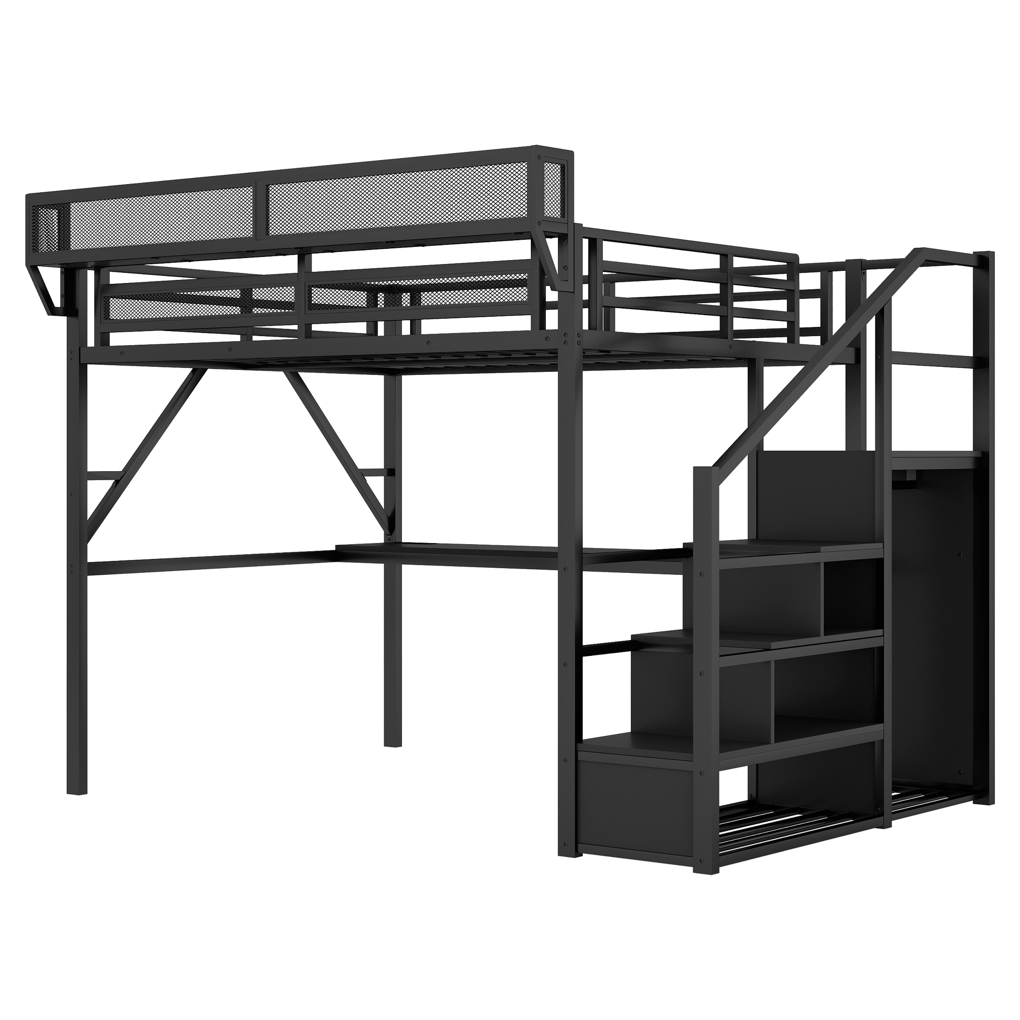 Metal Queen Size Loft Bed With Desk, Charging Station, Stairs And Light 19 Metal Queen Size Loft Bed With Desk, Charging Station, Stairs And Light