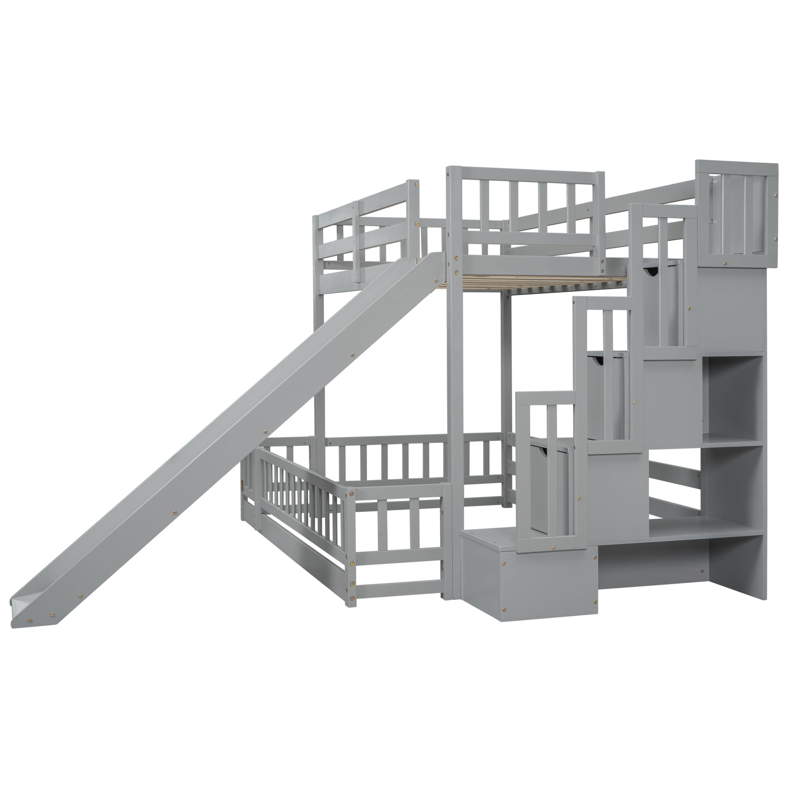 Twin Over Full Bunk Bed with Slide, Storage Staircase and Guardrails 13 Twin Over Full Bunk Bed with Slide, Storage Staircase and Guardrails