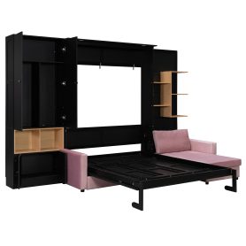 Queen Size Murphy Bed with Large Sofa, Storage Shelves & Cabinets