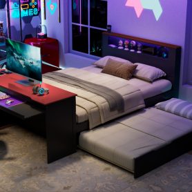 Full Size Wood Daybed with Twin Size Trundle, Desk, LED light and USB