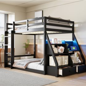 Full Bunk Bed with APP-Controlled LED Lights, USB Ports, Storage Shelves and 2 Drawers